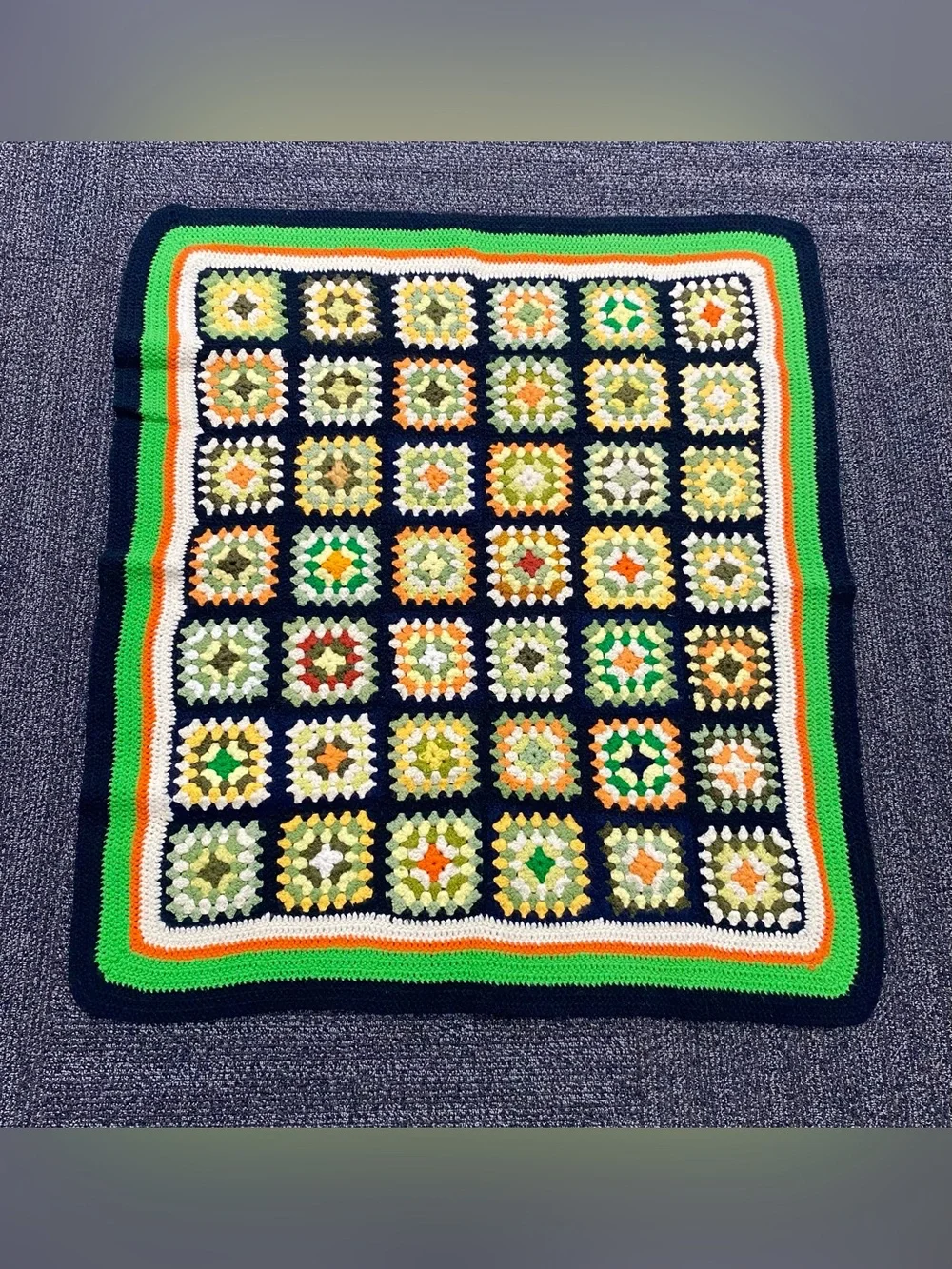 Vintage Granny Square Afghan Throw Blanket Handmade Knit Green Orange 39” X 45”